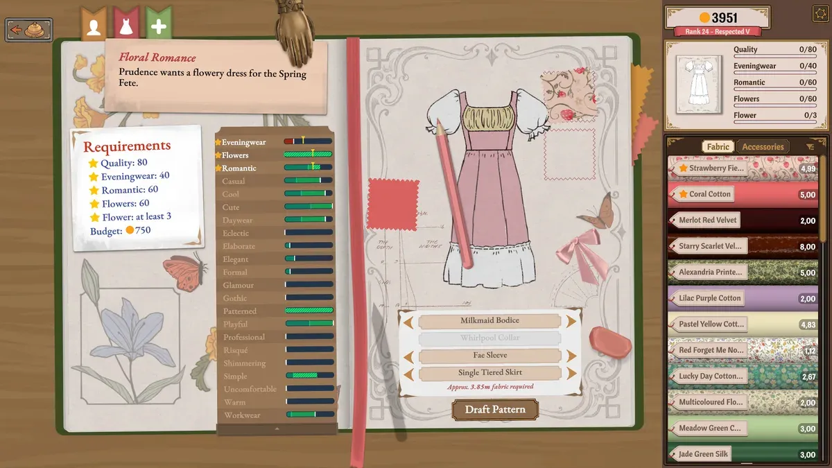 Dressmaker sketchbook showing Prudence’s brief, requirement list and Draft Pattern button