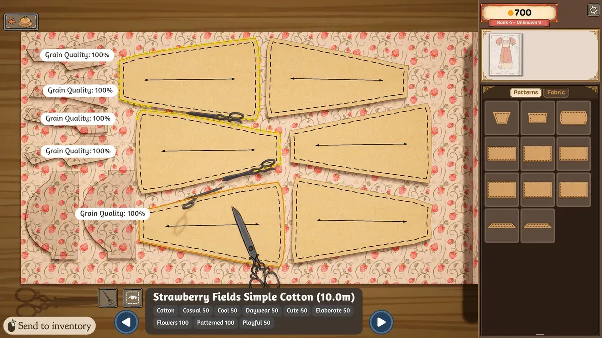 Dressmaker cutting table with per-piece Grain Quality 100% indicators and fabric tags