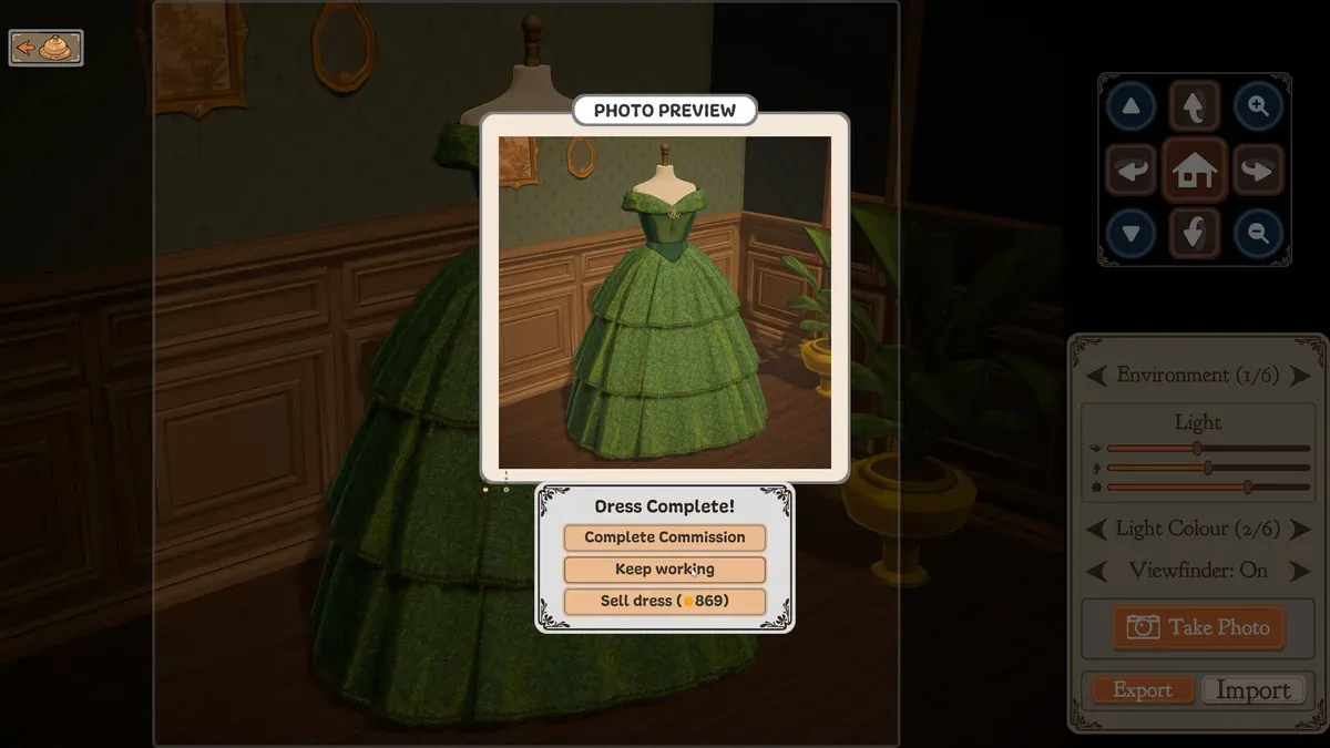 Dressmaker photo completion scene showing Complete Commission, Keep working and Sell dress