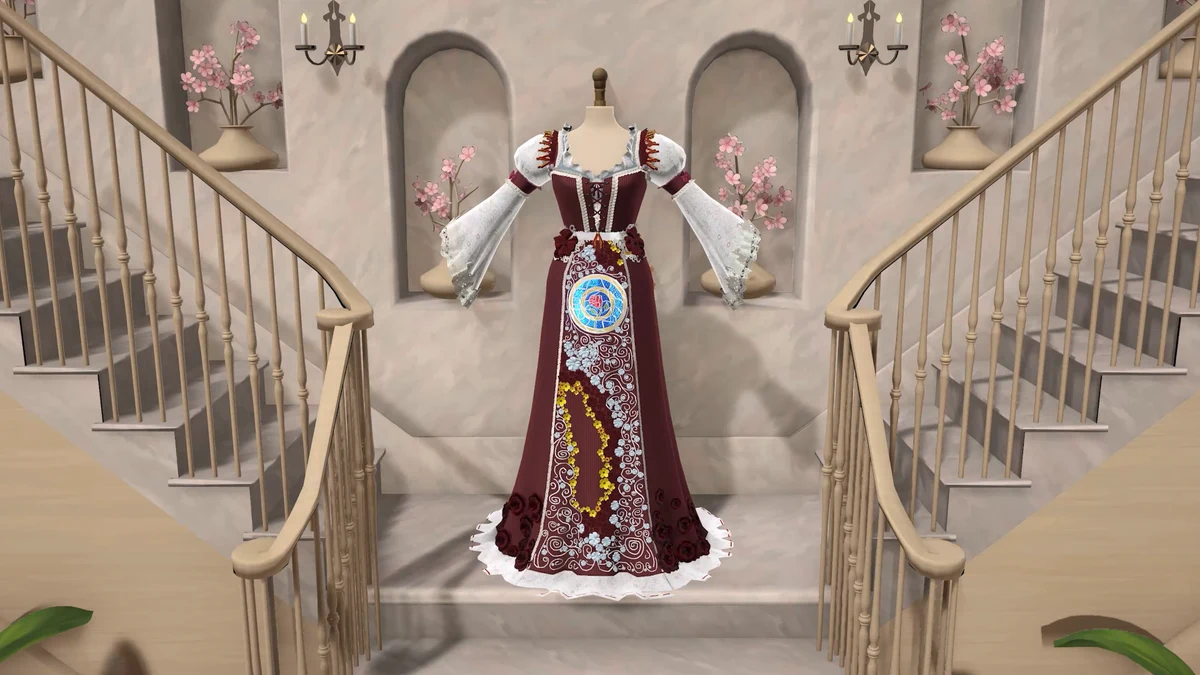 A richly decorated burgundy dress illustrates a finished creation. No achievement notification is shown, so this image does not prove an unlock.