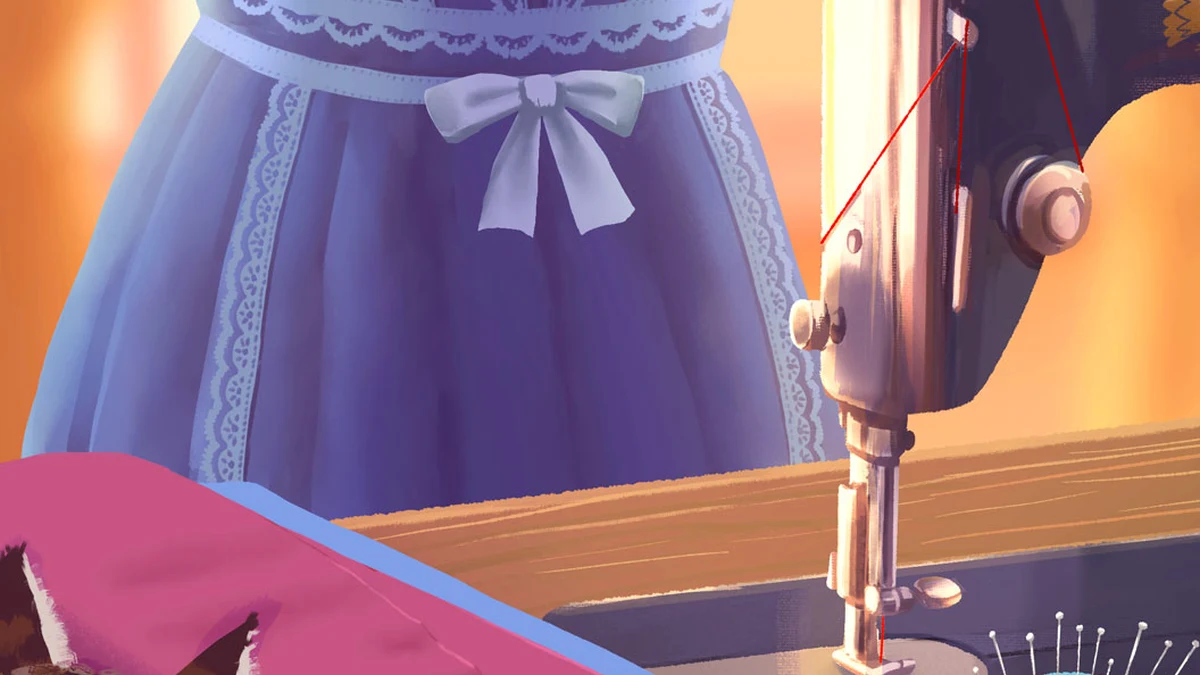 The purple dress in official key art has pale trim and a waist bow. This illustrates the game’s art direction, not a portrait of a team member.