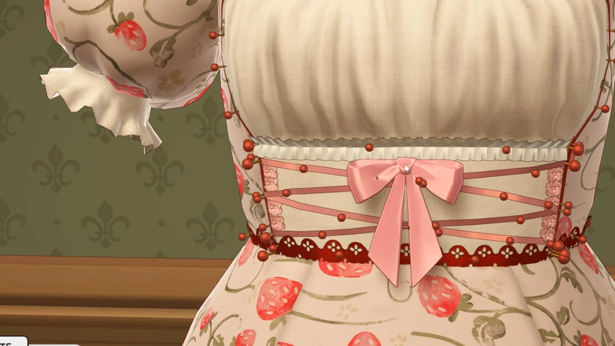 A close-up of the strawberry-print bodice shows a pink bow and decorative edging. Appearance alone cannot establish the item category used by a commission.