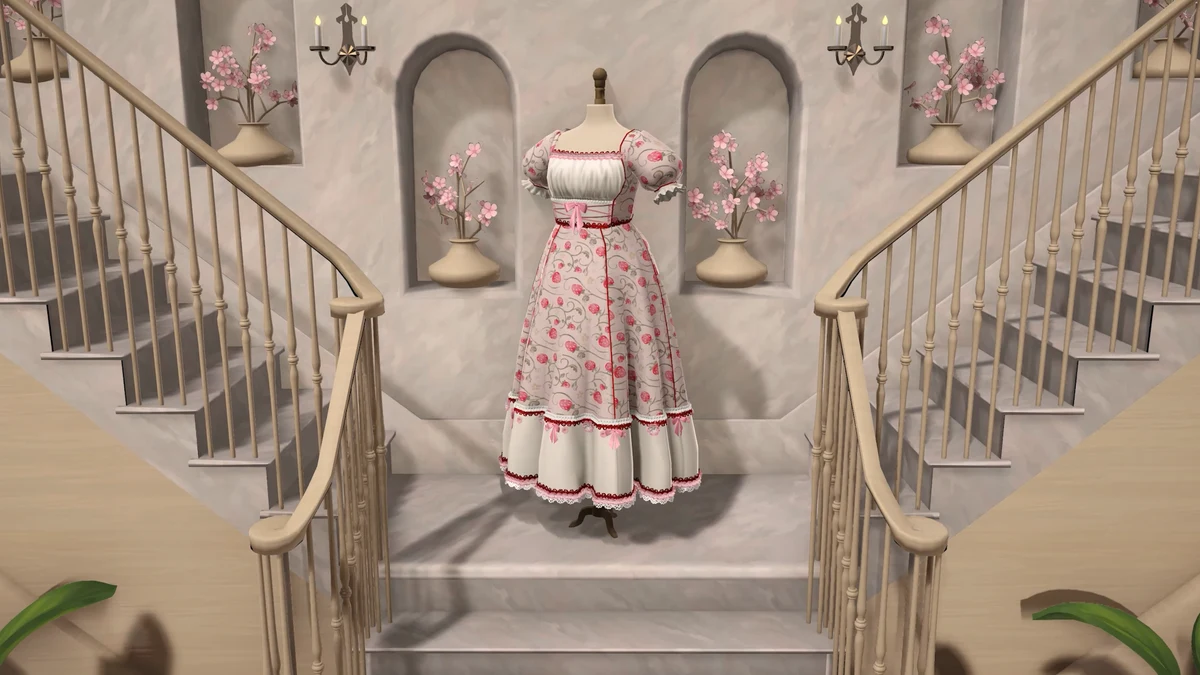A full floral dress shows a fitted upper section and widening skirt. Visible garment sections should not be mistaken for a one-to-one inventory panel count.