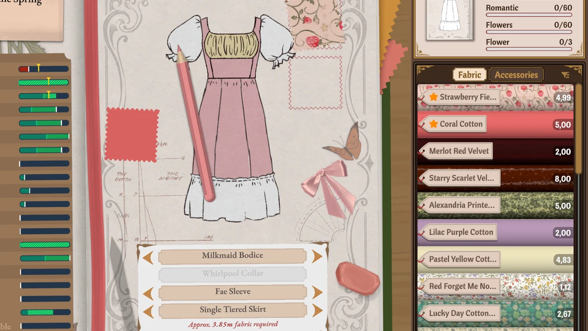 The sketchbook combines a dress drawing, colour notes and a component list. It is the design-selection view, not the cut-panel inventory.
