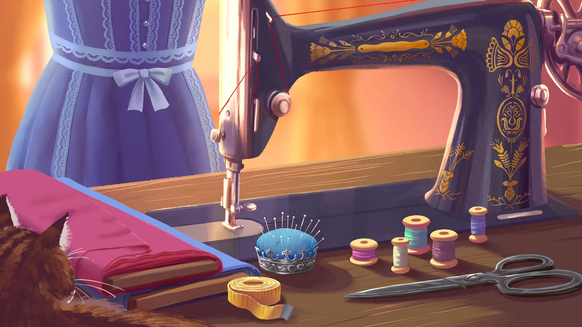 The official key art combines a purple dress, an ornate sewing machine and tailoring tools. Artwork does not establish differences between software editions.