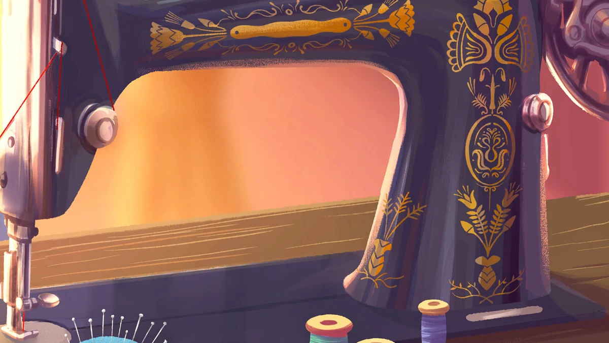 An ornate sewing machine in official key art. This is thematic artwork; hardware requirements come from the written Steam specification, not the image.
