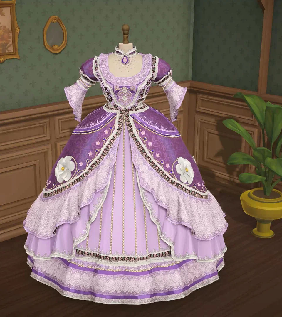 A purple dress displayed on a mannequin in Dressmaker
